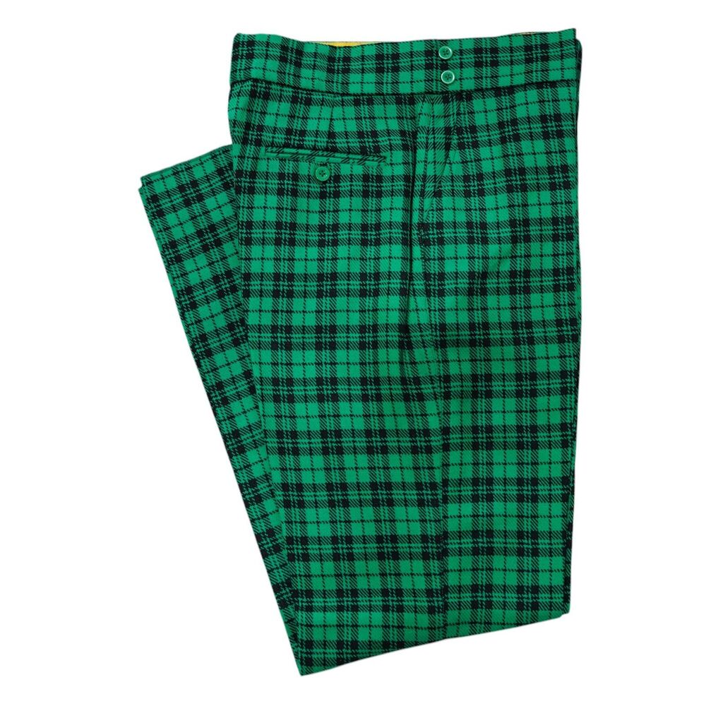 Mens 32 Gurkha Pants Green Black Plaid Wool High Waist Straight Dress Trousers